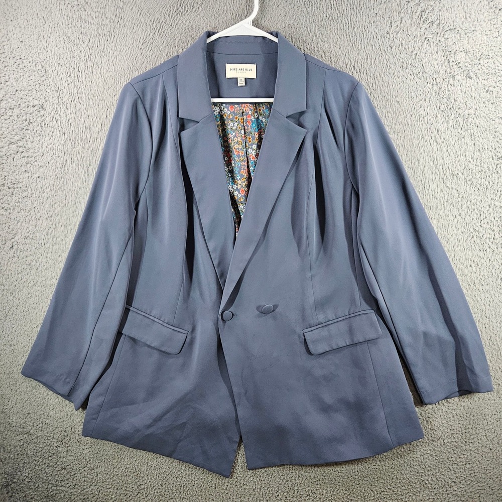 Skies Are Blue Curvy Blue Floral Lined Double Breasted Blazer Jacket 2X